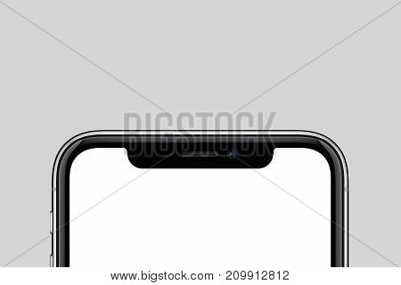 Smartphone closeup mockup with copyspace. New modern black frameless smartphone mockup with blank white screen on gray background. Smartphone frameless design concept. Close up smartphone.