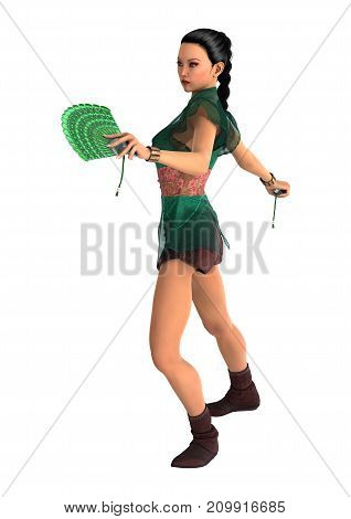 3D Rendering Asian Woman With Battle Fans On White
