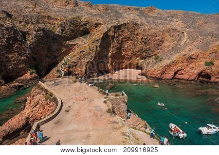 BERLENGA ISLAND, PORTUGAL - September 10, 2017: People visiting the island of Berlenga, in Portugal