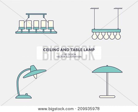 Ceiling light and classic table lamp. Flat stroke design Vector illustration