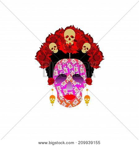 day of the dead, portrait of Mexican Catrina with skulls and red flowers , inspiration Santa Muerte in Mexico and la Calavera , vector illustration isolated