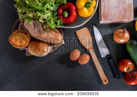 Set of vegetables Fresh mix delicious ingredients healthy for cooking or salad making on black background concept of healthy eating top view copy space.