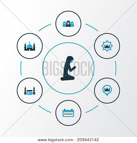 Religion Colorful Icons Set. Collection Of Building, People, Woman And Other Elements