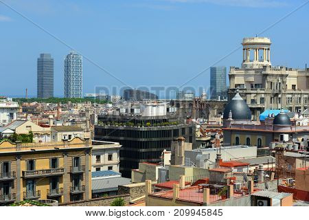 Edifici de Sindicats was built during 1925 with Neoclassical style at No.16 Via Laietana in the Old City Ciutat Vella of Barcelona, Catalonia, Spain. Photo taken from the top of the Barcelona Cathedral.