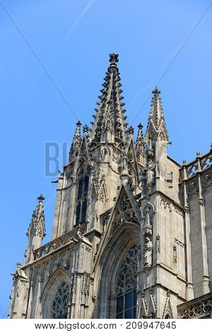 Cathedral front facade, Old Town Barcelona, Spain. Barcelona Cathedral of the Holy Cross and Saint Eulalia was built in 14th century in Old City Ciutat Vella Barcelona.