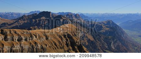 Mount Nideri Fulfirst Gamsberg Alvier and others in autumn. Swiss Alps.