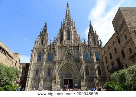 BARCELONA - JUN. 11, 2013: Cathedral front facade, Old Town Barcelona, Spain. Barcelona Cathedral of the Holy Cross and Saint Eulalia was built in 14th century in Old City Ciutat Vella Barcelona.