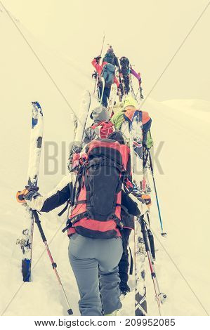 Group of cross-country skiers ascending a steep slope. Line of people in winter fairytale.