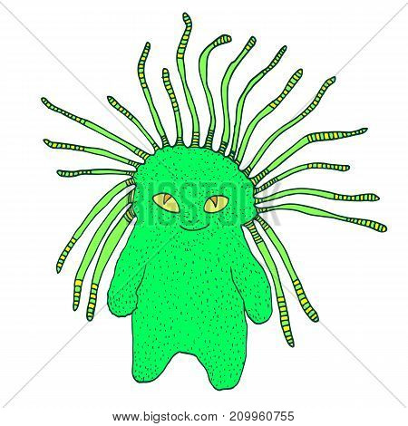 Cute green monster with yellow eyes and antennas hand drawing vector illustration funny alien cartoon style strange animal isolated on white background.