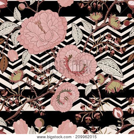 Vector seamless nature pattern. Background with big decorative flowers