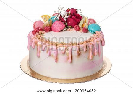 A birthday cake for the girl's birthday. On a white background