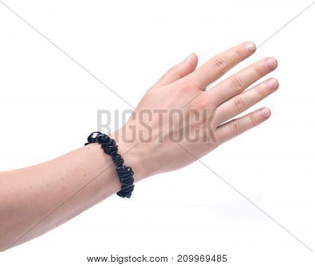 Black Tourmaline Bracelet on woman's wrist isolated on white background