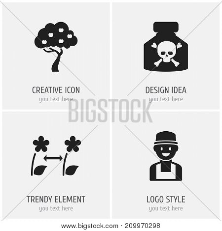 Set Of 4 Editable Gardening Icons. Includes Symbols Such As Farmer, Venom, Fruit Woods And More