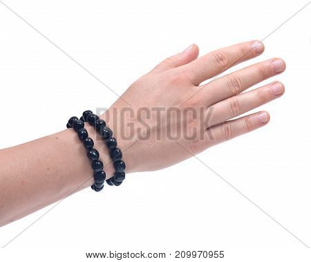Black Tourmaline Bracelet on woman's wrist isolated on white background