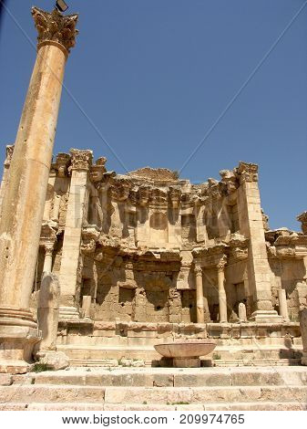 Roman nymphaeum in the ruins of the old city of Jerash in Jordan
