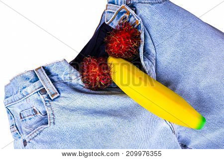 A Big Banana Sticks Out Of A Blue Jean Demonstraiting A Penis