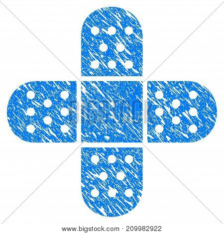 Grunge Adhesive Patch icon with scratched design and scratched texture. Unclean vector blue Adhesive Patch pictogram for rubber seal stamp imitations and watermarks. Draft sign symbol.