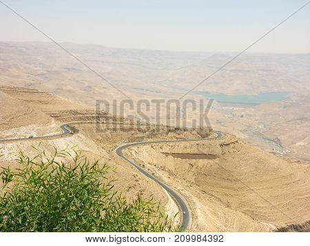 Landscape view of Jordanian Valley from mount Nebo in Jordan with israel border view