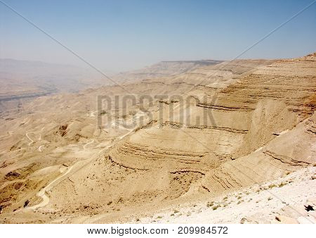 Landscape view of Jordanian Valley from mount Nebo in Jordan with israel border view