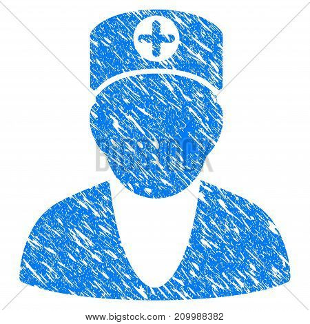 Grunge Medic icon with scratched design and grungy texture. Unclean vector blue Medic pictogram for rubber seal stamp imitations and watermarks. Draft sticker symbol.