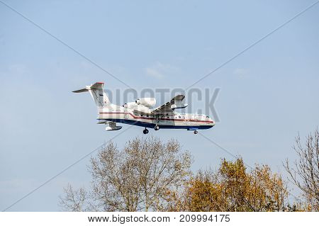Khabarovsk, Russia - 03.10.2017: Beriev be-200 CHS Plane amphibian of the Ministry of emergency situations of Russia