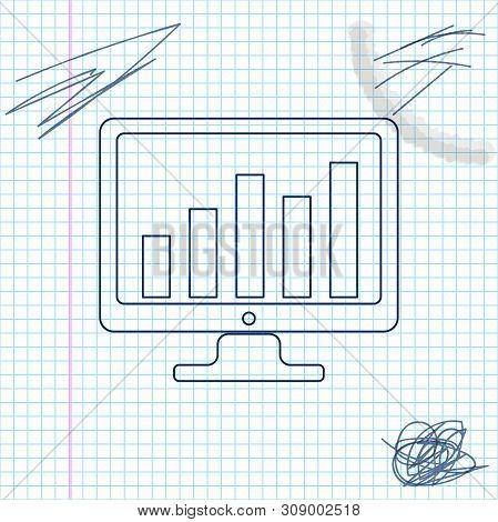 Computer Screen With Financial Charts And Graphs Line Sketch Icon Isolated On White Background. Char