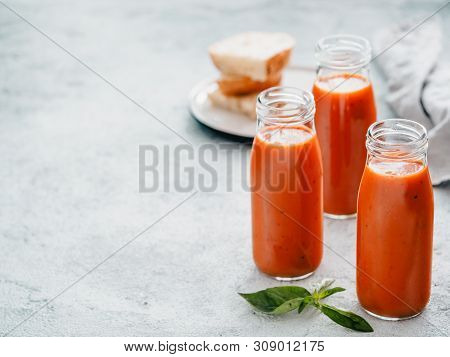 Delicious Gaspacho Soup In Glass Bottles. Traditional Spanish Cold Soup Puree Gaspacho Or Gazpacho O
