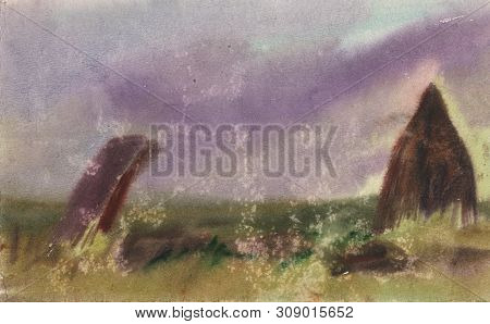 Megaliths. Stone Age. Qualitatively Hand-drawn Watercolor Landscape By Hand.