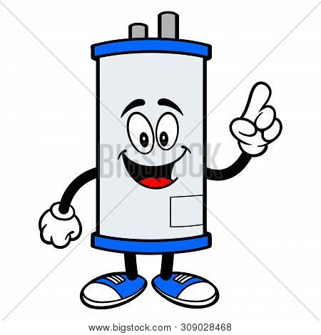 Water Heater Pointing - A Cartoon Illustration Of A Water Heater Mascot Pointing.