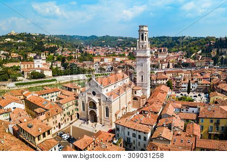 Verona Cathedral Aerial Panoramic View In Verona, Veneto Region In Italy
