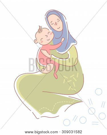 Loving Young Muslim Mother In Hijab And Traditional Dress Seated Protectively Hugging A Smiling Happ