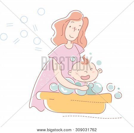 Young Mother Washing Her Laughing Baby In Soapy Water With Bubbles In A Yellow Tub In A Concept Of C