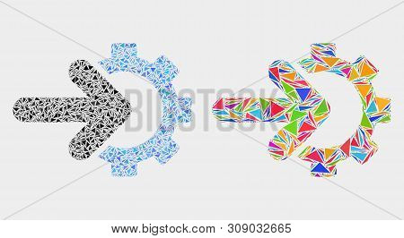 Cog Arrow Integration Mosaic Icon Of Triangle Elements Which Have Variable Sizes And Shapes And Colo
