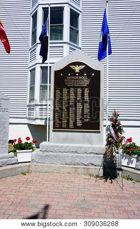Mackinac Island, Michigan / United States - June 11, 2018: The Mackinac Island Veterans Memorial, In