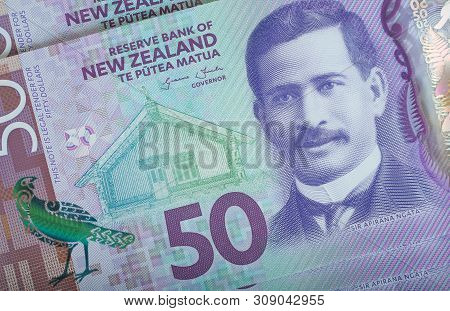 Closeup Of New Zealand Banknote 50$ Dollars. The Symbol Of New Zealand Currency.