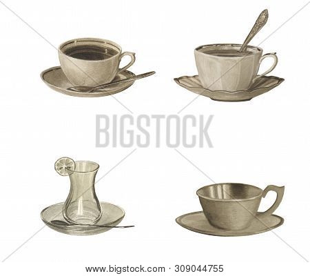 Sepia Color Set Of Teacups Isolated On White. Watercolor Beautiful Illustration Drawn By Hand.
