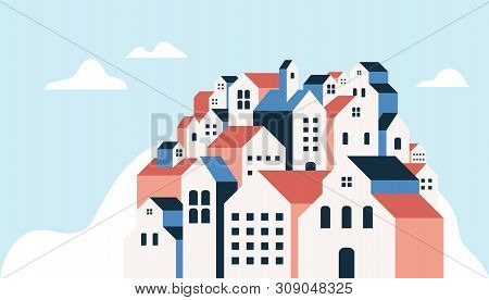 Flat Geometric Buildings, Minimal City Landscape Flat Style Banner.