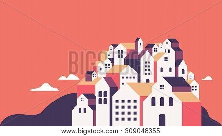 Flat Geometric Buildings, Minimal City Landscape Flat Style Banner.