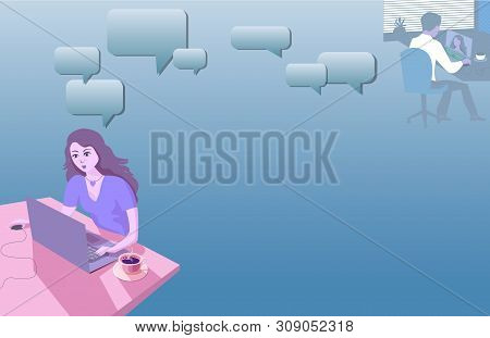 Beautiful Girl At The Home Table Communicates With Her Boyfriend Online. Illustration In Blue Cold T
