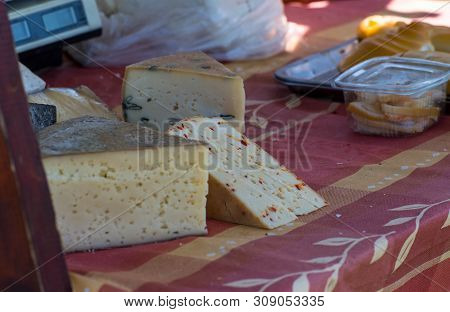 Handmade Variety Of Cheeses At County Fair In Moacsa, Covasna.