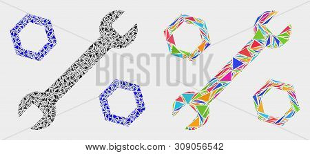 Wrench And Nuts Mosaic Icon Of Triangle Items Which Have Variable Sizes And Shapes And Colors. Geome