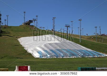Ski Resort In Summer. Deserted Ski Lifts In The Mountains
