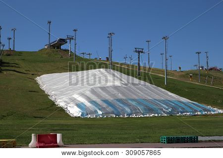 Ski Resort In Summer. Deserted Ski Lifts In The Mountains