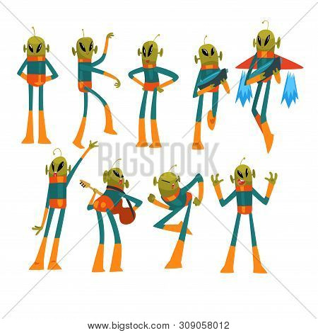 Funny Green Alien Set, Humanoid Cartoon Character With Big Eyes Oval Shape And Small Antenna Wearing