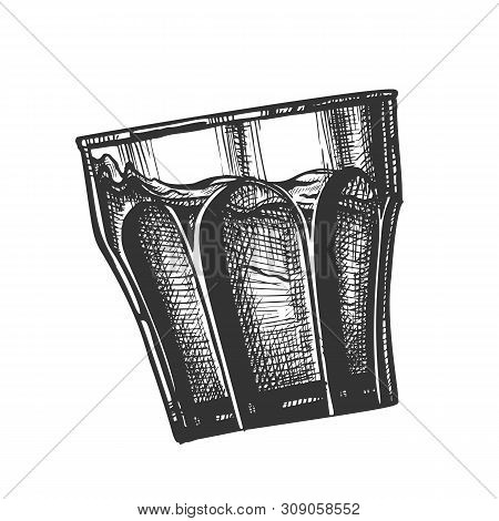 Slanted Vodka Drink Full Glass With Facets Vector. Black And White Design Alcohol Strong Beverage Gl