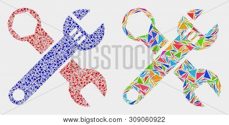Wrenches Collage Icon Of Triangle Items Which Have Different Sizes And Shapes And Colors. Geometric 