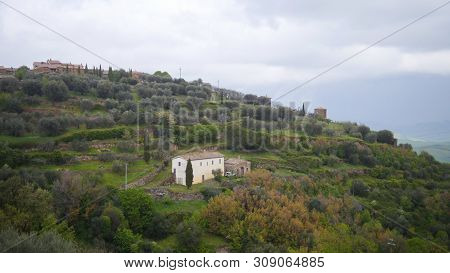 Aerial View Of The City In The Mountains. Italy, Toskana