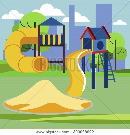 Children Playground, Kindergarten Play. Cartoon Vector Flat