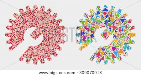 Repair Wrench Collage Icon Of Triangle Elements Which Have Variable Sizes And Shapes And Colors. Geo