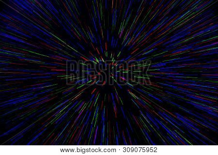 Natural Lens Zoom Explosion Radial Blurred Red Green Blue Dots On Black Background